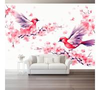Oriental Ink Painting Photo Wallpaper Nursery 400 X 280 Cm Pink Cherry Blossoms Red Birds - Non-Woven Premium Art Print Fleece Wall Mural Decoration Restaurant Hall Living Room Hallway
