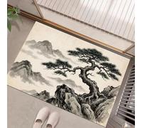 Oriental Ink Painting Pine Trees Door Mat Indoor Rugs For Entryway | Mountain Landscape Small Area Rugs, 60X90Cm Washable Non-Slip Low-Pile Carpet For Bedroom Front Door Entrance, Black White