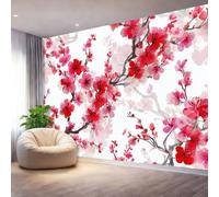 Oriental Ink Painting Plum Blossom Branches Wall Mural Wallpaper, Non Self Adhesive Paste The Wall Mural for Living Room Bedroom, Red High Definition Art Wall Decor - 350 x 256 cm (W x H)