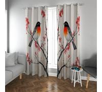 Oriental Ink Wash Blackout Curtains Vibrant Red Robin Bird Plum Blossoms Pattern Thermal Window Curtains for Bedroom Living Room Extra Long 2 Panels (each W72xL90in)