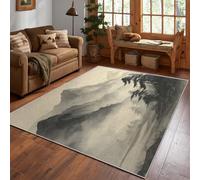 Oriental Ink Wash Rug, Traditional Misty Mountain Area Rug 200x290cm, Machine Washable Rug for Living Room, Bedroom, Non Slip Soft Carpet, Asian Style Home Decor & Gifts D#1192