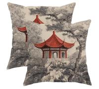 Oriental-Inspired Pillow Covers Set of 2, Red Pagoda Botanical Throw Pillows Case, Seasonal Decorative Cushion Covers for Home Sofa Bed Couch 16x16 Inch