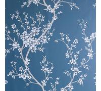 Oriental Trail Teal Wallpaper White Blossom Flowers Floral Dark Blue Decor