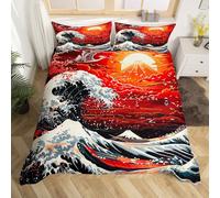 Oriental Japanese Style King Bedding Sets Ocean Wave Comforter Cover, Mount Fuji Bed Set Nature Sunset Scene Duvet Cover, Wild Crane Bird Quilt Cover (Zipper Closure)