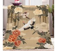 Oriental Japanese Style Throw Blanket, Crane and Peony Pattern, Soft Fleece Flannel, Lightweight Warm Beige Floral Design for Living Room, Bedroom, Sofa, Kids and Teens, 127 x 152 cm