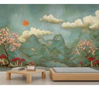 Oriental Landscape Mural Fantasy Chinese Nature Wall Mural Golden Line Mountains Wallpaper Mushrooms Cherry Blossoms Murals for Bedroom Living Room 430 x 300 cm