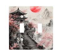 Oriental Mountain Light Switch Cover Plate, Red Sun and Cherry Flower Design for Home Decor, Thermoplastic Wall Plates, Standard Size Double Toggle