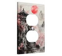 Oriental Mountain Light Switch Cover Plate, Red Sun and Cherry Flower Design for Home Decor, Thermoplastic Wall Plates, Standard Size Single Duplex Outlet
