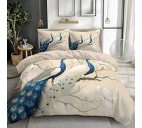 Oriental Painting Peacock And Flowers Duvet Cover Set, Reversible Light Beige Printed Bedding for Teens Adults - Soft Microfiber Quilt Cover with Zipper, King Size (230 x 220 cm), 3 Pieces