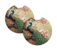 Oriental Peacock on Flower Tree Car Coasters for Cup Holders, 2 Pack Absorbent Car Cup Holder Coaster with Finger Notch 2.7 Inch Non-Slip Car Cup Pad Cute Car Accessories Interior for Women Men