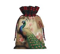 Oriental Peacock on Flower Tree Christmas Drawstring Gift Bags with Tags, Buffalo Plaid Xmas Gift Bags Reusable Gift Wrapping Bag Christmas Fabric Goody Gift Sacks for Party Presents Decorations