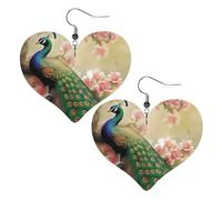 Oriental Peacock On Flower Tree Heart Earrings Faux Leather Double Sided Drop Dangle Earrings Fashion Lightweight Jewelry Gifts For Women'S Ear Accessories, One Size, Faux Leather, No Gemstone