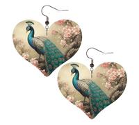 Oriental Peacock on Flower Tree Leather Earrings for Women Heart Earring Lightweight Dangle Earrings Jewelry Gifts, One Size, No Gemstone