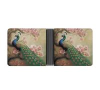Oriental Peacock on Flower Tree Leather Wallet for Men Women, Minimalist Bifold Wallet, RFID Blocking Front Pocket Wallets Credit Card Holder Coin Purse Slim Billfold for Travel Work Daily, Gift