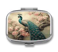 Oriental Peacock on Flower Tree Pill Box 2 Compartment Small Square Pills Case Portable for Pocket Pill Organizer Travel Metal Pill Holder for Office Home Vitamin Medicine Fish Oil