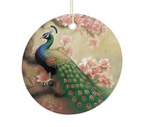 Oriental Peacock on Flower Tree Round Ceramic Pendant Hanging Festival Ornament, Personalized Double Sided Ceramic Home Decor, Lightweight Durable Hanging Ornament Gift for Home, Party, Women Men