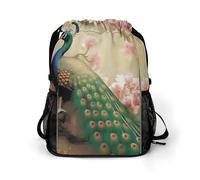 Oriental Peacock on Flower Tree Sports Drawstring Backpack,Packsack with Shoe Compartment And Wet Proof Pocket for Youth