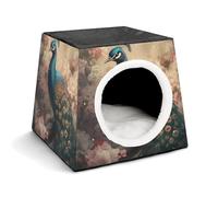 Oriental Peacock Pattern Cat Bed for Indoor Cats - Foldable Cat & Dog House with Removable Cozy Cushion, Waterproof Oxford Washable Pet House for Small Pets 13.8" X 13.8" X 11.8"