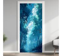Oriental Plant Forest Door Murals, Blue Comic Forest Door Stickers Interior Wall Mural, Plant Woodland Wallpaper Self Adhesive Vinyl Door Decals, for Living Room Bedroom Bathroom Decor, 90x200 cm