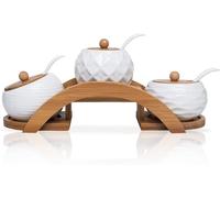 Oriental riverkit Ceramic Spice Jars, 3 in 1 Porcelain Spice Jar set with spoon, Bamboo Lid and Arched Tray, Ceramic Condiment Pots with Lid for Kitchen, Home