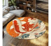 Oriental Round Rug 70cm Washable Non Slip Koi Fish Circular Rugs Abstract Clouds Majestic Lucky Foldable Carpet Large Thin Low Pile Throw Mat for Reading Nook Terrace Basement Creative Studio