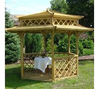 Oriental Style Hexagonal Wooden Pagoda Gazebo With Floor And Trellis Panels, Pressure Treated - 8Ft X 7Ft (2.6M X 2.3M)