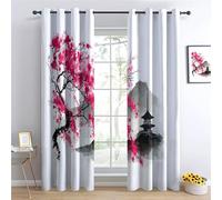 Oriental Style Thermal Blackout Curtains for Bedroom Living Room, Pagoda Mountain Cherry Blossom Tree Energy Saving Eyelet Door Curtains Room Darkening Printed Window Drapes 55 x 102 Inch (2 Panels)
