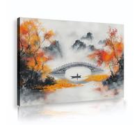 Oriental Style Tranquil Zen Canvas Prints Misty Bridge River Scene Autumn Landscape Canvas Wall Art for Living Room Bedroom Apartment 50x70cm Innerframe