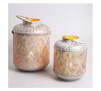 Oriental Suraya Lantern Set of 2 in Shabby Chic White Gold Metal Moroccan Lantern Standing & Hanging Table Lantern for Easter Mother's Day Wedding Celebration Decoration IRL5020