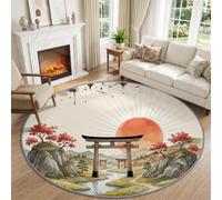 Oriental Torii Gate Red Maple Tree Round Rug Living Room 180 cm, Washable | Traditional Japanese Printed Circle Rugs for Bedroom Dorm Sofa, Red Soft Short Pile Non Slip Carpet, Stain Resistant
