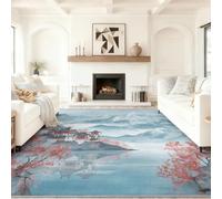 Oriental Traditional Living Room Rugs, Soft Washable Non Slip, 60 x 90 cm | Mountains Cherry Blossoms Ancient Temple, Low Pile Stain Resistant, Carpet for Bedroom Kids Room Playroom Office Entryway