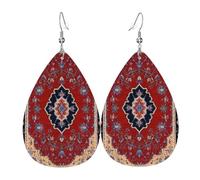 Oriental Traditional Red And Navy Flower Medallion Design Dangle Earrings Durable Teardrop Faux Leather Earrings Luxurious Drop Earring For Party Festival Decoration