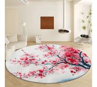 Oriental Traditional Style Round Rug 160 cm for Living Room, Washable Circle Entrance Rug Non Slip Round Doormat Indoor Watercolor Cherry Blossom Branch Printed Carpet Bedroom Study Home Office Decor