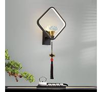 Oriental Traditional Wall Mount Light Black Metal Sconce Square 16W LED Headboard Lamp, Ceramic Wall Lighting Fixture, Living Room Bedroom Bedside Wall Lamps
