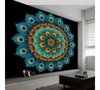 Oriental Wall Mural Mandala Peacock Feathers Flowers Photo Wallpaper, 200W x 140H cm Large Wall Art Decor for Living Room Bedroom Children's Room - Modern Non-Woven Mural Poster for Office Corridor