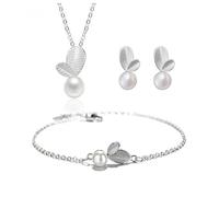Orientalism Leaf Pearl Jewelry Set Necklace Earrings Bracelet Minimalist Three-Piece Women's Daily Accessories