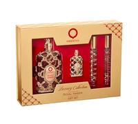Orientica Royal Amber 4-Pc Gift Set Eau De Parfum - Fruity, Gourmand, Amber, Woody, Vanilla, Bergamot, Melon, Pineapple| Perfume for Women - 2.7oz spray, 2 x 10ml spray, 7.5ml splash