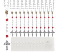 ORIGACH 12 Pcs Catholic White & Red Rose Beads Rosary Necklace Bulk, Our Lady of Guadalupe Crucifix Pendant Rosary with Jewelry Bags, Religious Gifts for First Communion Christian