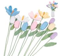 ORIGACH 12 Pcs Tulip Crochet Flowers Bouquet Handmade Knitted Artificial Tulip Home Decor Supplies Floral Gift for Mother Mom Wife Women Teacher (Blue, Pink, White, Yellow, Purple)