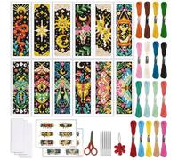 ORIGACH 12 Set Moths & Divination Cross Stitch Bookmark Kit for Beginner with Backing Felt Floss Instructions Tarot Sun & Star DIY Stamped Embroidery Bookmark Kit for Adults, Book Lovers