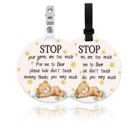 ORIGACH 2 Pack Bear Don't Touch or Kiss Baby Signs, Stop Do Not Touch Baby Car Seat Sign Stroller Tags with Hanging Strap and Clip, No Touching Baby Sign for Newborn Neutral Baby Preemie
