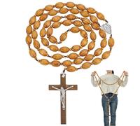 ORIGACH 2 Pcs 55 Inch Large Oval Handmade Crucifix Wall Cross with Wooden Rosary Wall Display Solid Wood Rosary Jesus Christian Wall Hanging Cross for Church House Decor