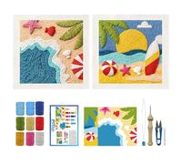 ORIGACH 2 Set Embroidery Punch Needle Kit with Frame, Summer Beach Needle Punching Kit with Patterns, Threads, Tools & Instructions for Beginners & Adults, DIY Wall Hanging Decor