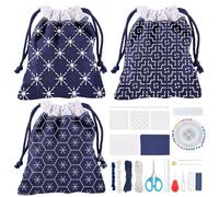 ORIGACH 3 Set Sashiko Drawstring Bag Kit with Instruction for Beginners Adults Easy Sashiko Kit with Sashiko Stencil Japanese Sashiko Embroidery Bag DIY Sewing Bag Gifts for Friends Mums