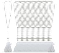 ORIGACH 36 Pcs White Pearl Beads Rosary Necklace Bulk Cross Pendant Catholic Prayer Beads Necklace with Organza Bags Religious Gifts for First Communion Christian