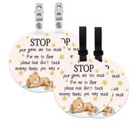 ORIGACH 4 Pack Sleeping Bear Design Don't Touch Baby Sign Please Look Baby Car Seat Tag with Hanging Strap and Clip for Newborn Girl Boy