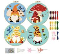 ORIGACH 4 Pcs Bumble Bee Gnome Embroidery Starters Kit for Beginners, Sunflower Daisy Bee Gnomes Embroidery Stitch Practice kit Include Embroidery Cloth, Embroidery Hoops, Threads and Needles