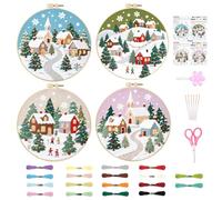 ORIGACH 4 Pcs Christmas Embroidery Kit for Beginners, Winter Town Stamped Design Embroidery Starter Kit Includes Cloth, Hoops, Threads & Needles