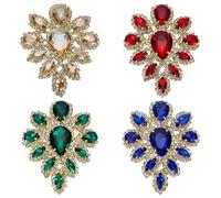 ORIGACH 4 Pcs Green Red Blue Gold Teardrop Shape Rhinestone Appliques Fancy Beaded Flower Patch for Women Wedding Bridal Crystal Glass Stones Patches for Dance Costumes