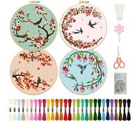 ORIGACH 4 Pcs Spring Bird & Flower Embroidery Starter Kit for Beginners, Cherry Blossom Hummingbird Embroidery Stitch Practice Kit Includes Cloth, Hoops, Threads & Needles